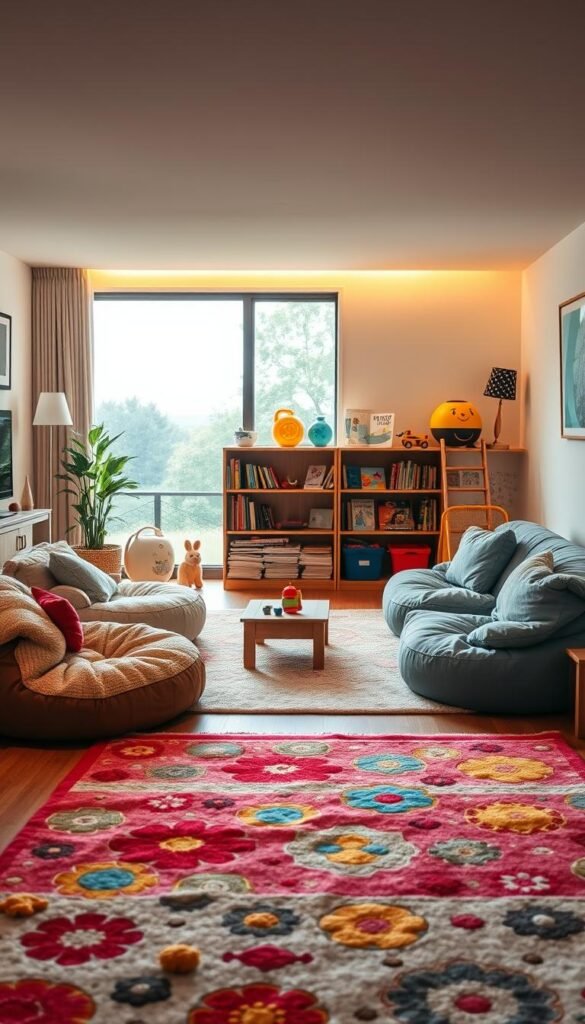 A cozy living room with a dedicated play zone for children. In the foreground, a soft rug with vibrant colors and playful patterns, surrounded by plush beanbags and a low table for toys. In the middle ground, a bookshelf filled with storybooks and educational toys, casting a warm glow from the gentle overhead lighting. The background features a large window, letting in natural light and offering a view of the serene outdoors. The overall atmosphere is one of comfort, learning, and imaginative play, creating a designated space for children to explore and enjoy.