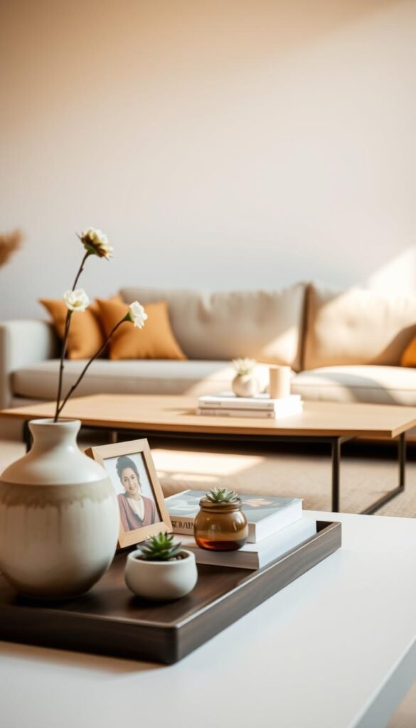 A cozy living room with a minimalist aesthetic, bathed in warm, natural lighting. In the foreground, a neatly arranged collection of personal decor touches - a ceramic vase with a single bloom, a small framed photograph, and a handcrafted candle holder. The middle ground features a sleek, low-profile coffee table, upon which rests a stack of artfully curated books and a small succulent plant. The background showcases a neutral-toned, textured wall, creating a serene and inviting atmosphere, perfect for a peaceful home.
