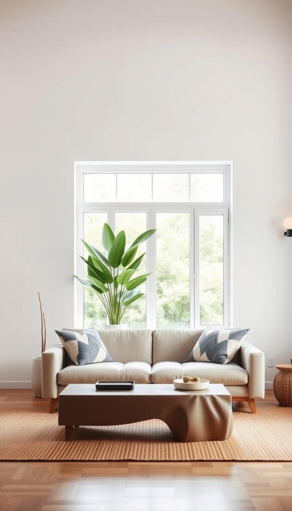 A cozy living room with a minimalist yet purposeful design. In the foreground, a low, sleek sofa in a neutral tone sits atop a natural fiber rug. Geometric accent pillows and a sculptural coffee table add visual interest. The middle ground features a large window, allowing ample natural light to filter in and create a serene atmosphere. Tall, lush plants in simple ceramic pots flank the window, bringing a touch of nature indoors. The background showcases bare white walls, complemented by the warm glow of a single wall sconce. The overall scene exudes a sense of tranquility and intentional simplicity.