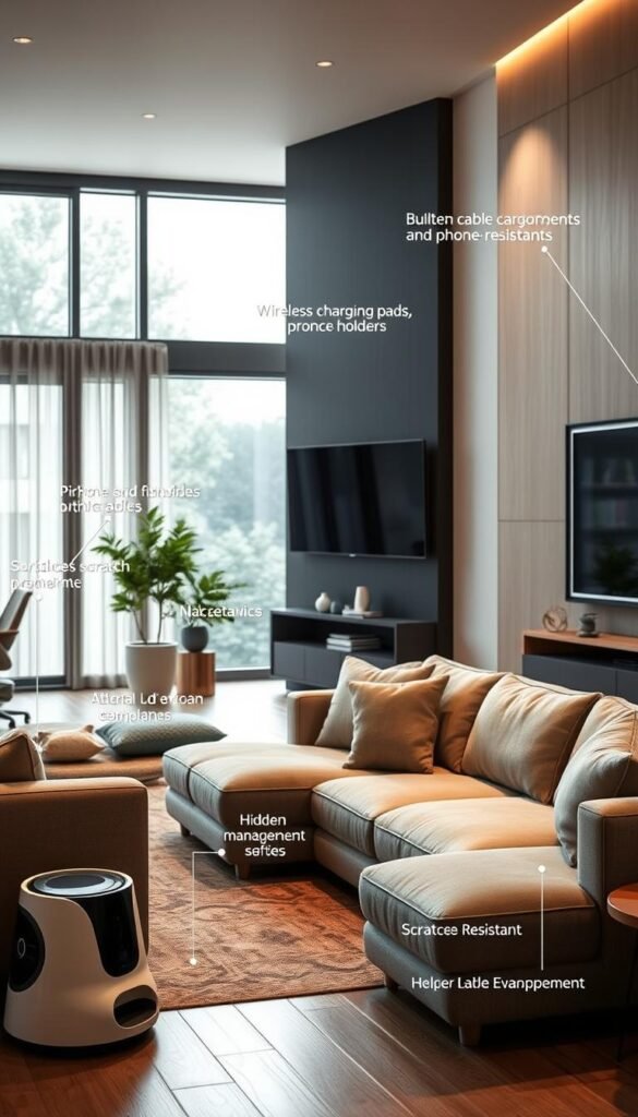 A cozy living room with a modern, modular pet-friendly sofa featuring built-in wireless charging pads, phone holders, and scratch-resistant surfaces. In the background, a sleek wall-mounted entertainment system with hidden cable management and pet-proof shelving. Warm, diffused lighting creates a welcoming ambiance, while large windows allow natural light to flood the space. The room is tastefully decorated with playful, tech-savvy accessories like a robotic pet feeder and a voice-controlled smart home hub. The overall scene conveys a harmonious blend of functionality, comfort, and consideration for both human and furry inhabitants.