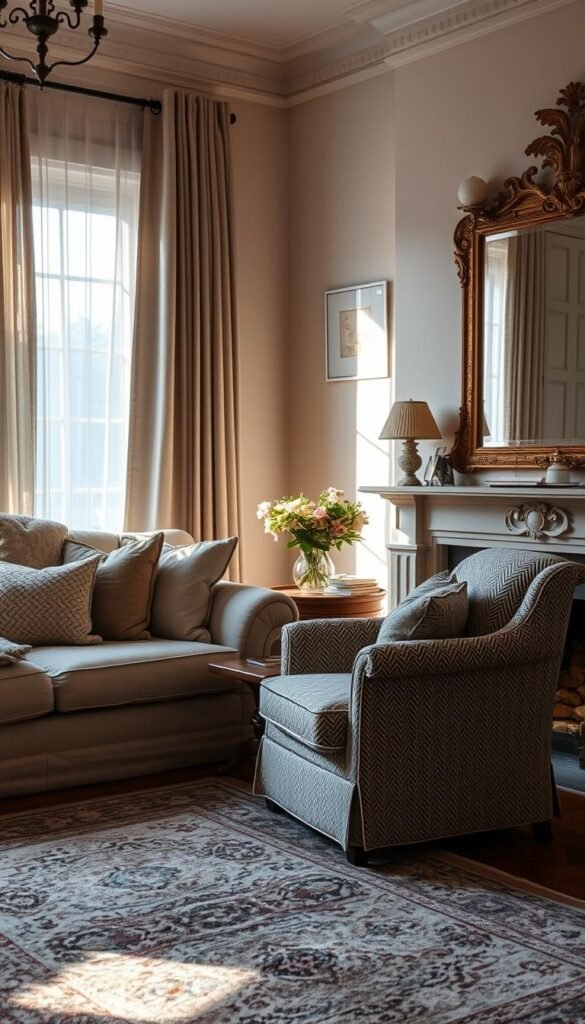 A cozy living room with a plush, ivory-colored sofa adorned with a range of timeless textiles. In the foreground, an antique Persian rug in muted tones anchors the space. Muted sunlight filters through sheer, flowing curtains, casting a warm glow on a pair of overstuffed armchairs upholstered in a classic herringbone pattern. On the mantelpiece, a vase of fresh-cut flowers adds a touch of nature, while a large, ornate mirror reflects the scene, imbuing the room with a sense of elegant, enduring style.