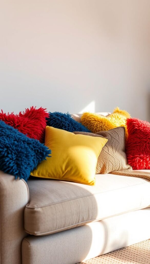 A cozy living room with a plush, neutral-colored sofa adorned with vibrant, textured throw pillows. The pillows feature a variety of hues, including rich reds, deep blues, and pops of sunny yellow, creating a visually striking yet harmonious display. The soft lighting casts a warm, inviting glow, highlighting the tactile qualities of the fabrics. The sofa is positioned in the middle ground, with a minimalist, airy background that allows the colorful accents to take center stage. The overall scene exudes a sense of comfort, style, and effortless elegance, perfectly capturing the essence of a living space with colorful throw pillow accents.