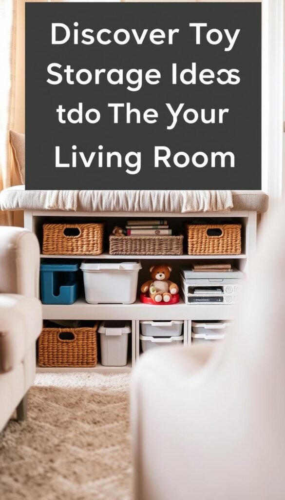 A cozy living room with a plush sofa and armchair, the camera focused on the space underneath the furniture. Soft, diffused lighting filters through, illuminating a neatly organized storage solution. Woven baskets, stackable plastic bins, and sliding drawers tuck away toys, books, and other household items, creating a clutter-free and visually appealing space. The shot is from a low angle, highlighting the thoughtful design and efficient use of the underutilized area. The overall mood is one of tranquility and order, reflecting the "Discover Toy Storage Ideas to Tame Your Living Room" theme.