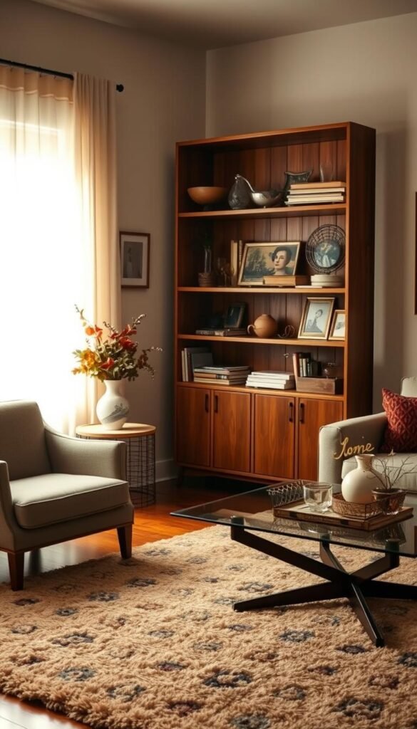 A cozy living room with a vintage armchair and a modern glass coffee table, bathed in warm, soft lighting. In the background, a mid-century styled bookshelf stands tall, its wooden shelves displaying an eclectic mix of old and new decor pieces. A large, plush rug in earthy tones grounds the space, creating a harmonious blend of the old and the new. Soft, diffused light filters through sheer curtains, adding to the inviting, timeless atmosphere. The overall scene captures the essence of transitional decor, where vintage and modern elements seamlessly coexist.