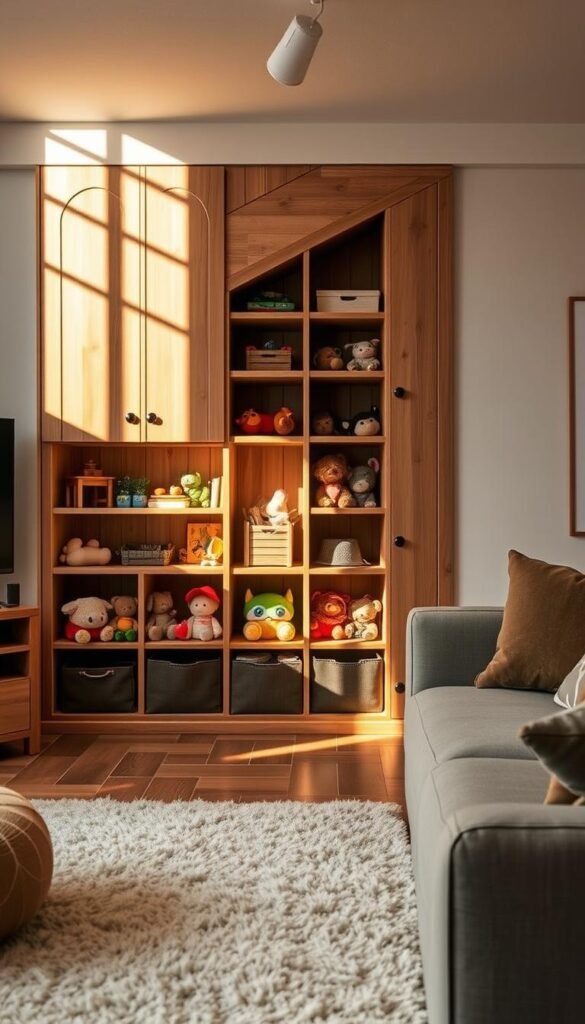 A cozy living room with built-in shelves that beautifully conceal a toy storage area. Warm, natural lighting spills over the handcrafted wooden shelves, casting a soft glow on the assortment of beloved toys neatly tucked away. The shelves are designed with thoughtful compartments and dividers, allowing for efficient organization and easy access. In the foreground, a plush area rug and comfortable seating create an inviting atmosphere, while the background features a subtle, neutral-toned wall that complements the rustic, homey aesthetic. The overall scene exudes a sense of tidiness and harmony, perfectly showcasing how "real" furniture can seamlessly integrate toy storage into a living space.