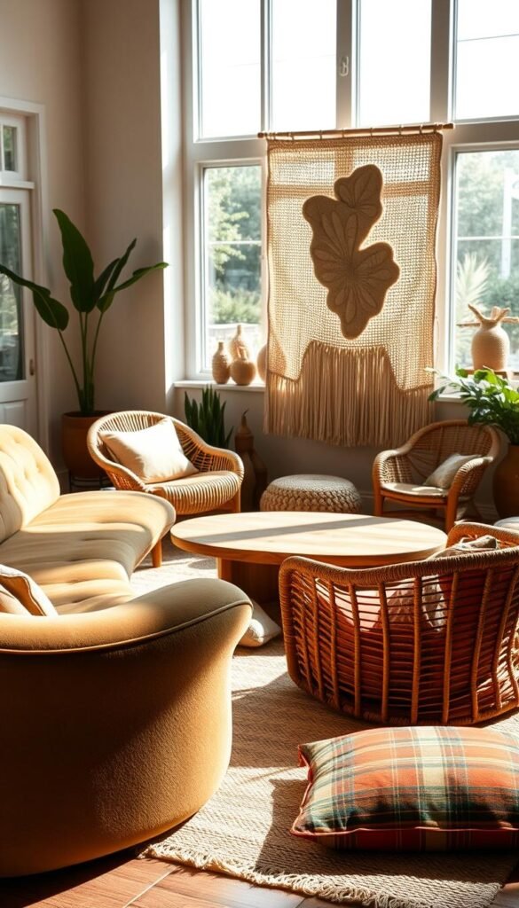 A cozy living room with natural light streaming through large windows, illuminating a collection of organic boho furniture. In the foreground, a plush velvet sofa with sinuous lines and a tufted back. Beside it, a rattan armchair with a woven seat and backrest, its curved silhouette echoing the sofa's form. In the middle ground, a low wooden coffee table with a smooth, asymmetrical surface, surrounded by floor cushions covered in vibrant, patterned fabrics. The background features a large wall hanging, its abstract shapes and earthy tones lending a sense of texture and movement. Subtle shadows cast by the furniture create depth and dimension, while the overall palette of warm neutrals, greens, and ochres evokes a cozy, free-spirited ambiance.