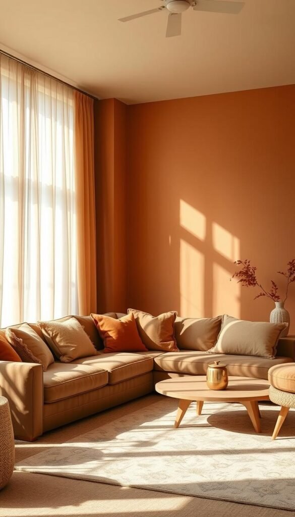 A cozy living room with warm, earthy tones adorning the walls. Soft, muted hues of ochre, terracotta, and sage green create a serene, grounding atmosphere. Gentle natural lighting filters through sheer curtains, casting a gentle glow and casting subtle shadows. The textures of the walls are subtly visible, adding depth and character. The composition is balanced, with the walls taking center stage, inviting the viewer to imagine curling up in this peaceful, inviting space.