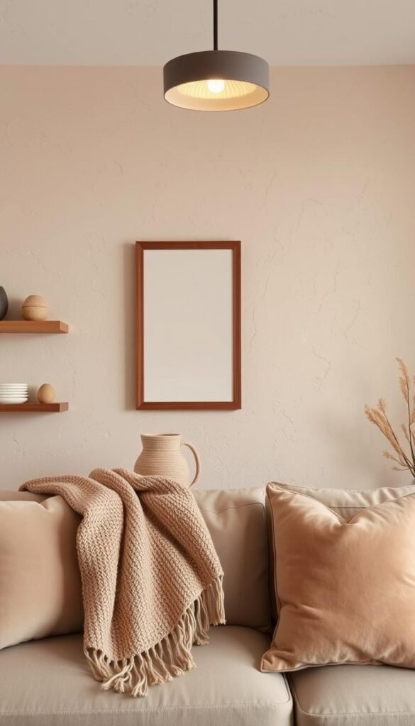 A cozy living room with warm, inviting wall treatments. A textured, neutral-toned wallpaper or plaster finish covers the walls, creating a soft, enveloping atmosphere. Wooden shelves and a framed mirror add natural accents, while plush, earth-toned textiles like a woven throw blanket and velvet pillows contribute to the overall sense of comfort. Soft, diffused lighting from a minimalist ceiling fixture casts a gentle glow, enhancing the room's intimate ambiance. The composition emphasizes clean lines, organic materials, and a harmonious color palette, embodying the essence of a country-inspired, cozy interior design.