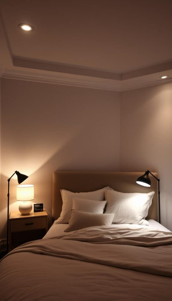 A cozy master bedroom illuminated by strategic lighting. The room is filled with a warm, inviting glow from a combination of floor lamps, recessed ceiling lights, and a chic table lamp on the nightstand. The lighting is carefully positioned to create depth and highlight the room's key features, such as the plush bedding, the minimalist nightstands, and the textured accent wall. The overall atmosphere is one of tranquility and relaxation, perfect for a small but well-designed personal sanctuary.