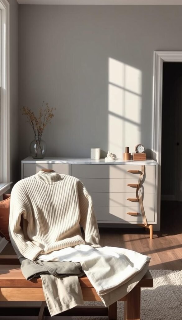 A cozy, minimalist interior with natural lighting filtering through large windows. In the foreground, a collection of neutral-toned garments - a soft beige cashmere sweater, ivory linen pants, and a taupe trench coat - neatly arranged on a wooden bench. In the middle ground, a sleek, modern dresser with clean lines and a marble top, accented by a few carefully placed accessories like a glass vase and a vintage clock. The background features a muted palette of grays and whites, creating a serene, harmonious atmosphere that amplifies the understated elegance of the layered outfits.