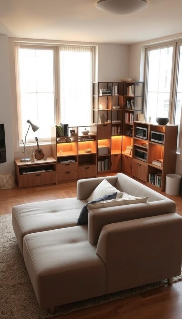 A cozy, modern living room with a transforming, multi-functional furniture arrangement. In the foreground, a sleek couch doubles as a daybed, with an integrated side table and storage units. In the middle ground, a modular shelving system displays decor, books, and space-saving appliances. The background features large windows letting in warm, natural light, giving a sense of openness and airiness to the compact space. The overall atmosphere is one of efficiency, versatility, and creativity - showcasing innovative solutions for making the most of limited square footage.