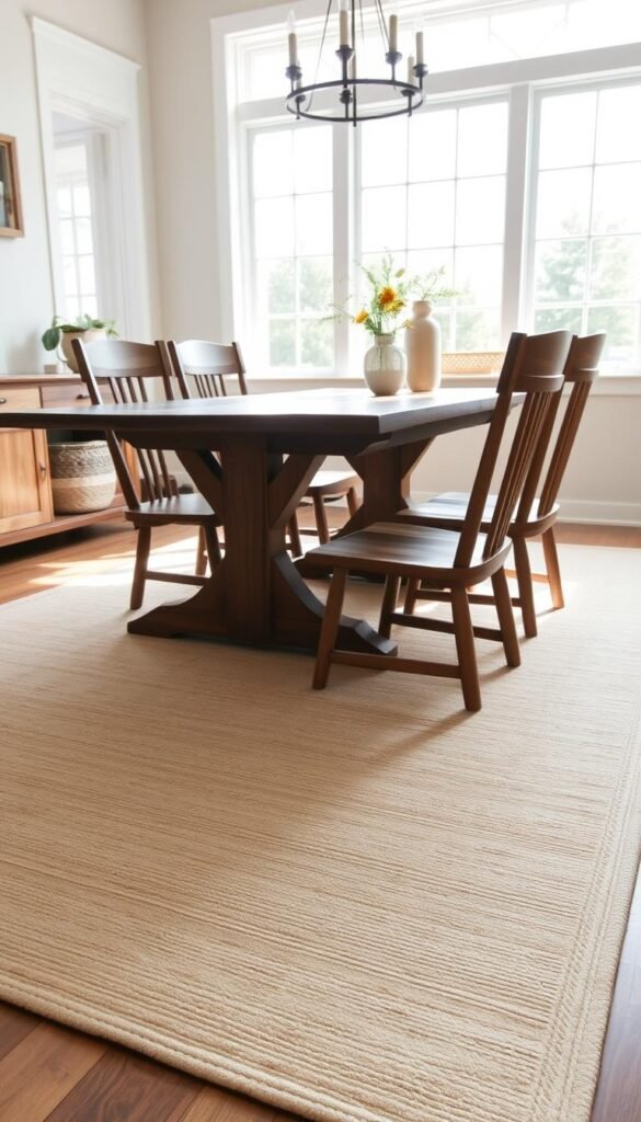A cozy, neutral farmhouse area rug in a sunlit dining room. The rug features a soft, muted pattern with subtle texture, anchoring the space with a warm, inviting feel. Soft natural light filters through large windows, casting a gentle glow over the room. The rug's earthy tones complement the rustic wooden table and chairs, creating a harmonious and balanced aesthetic. The room exudes a sense of comfort and simplicity, reflecting the farmhouse style. The camera angle captures the rug in the foreground, showcasing its central role in defining the space.