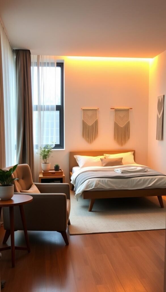 A cozy, personalized bedroom with warm lighting and a modern, minimalist design. The room features a large window with sheer curtains, allowing natural light to filter in and create a serene ambiance. In the foreground, a plush, mid-century modern armchair sits next to a sleek, wooden side table with a small potted plant. The middle ground showcases a low-profile, platform bed with crisp, white linens and a few accent pillows in muted, earthy tones. The background features a clean, white wall with a simple, geometric wall hanging that complements the overall aesthetic. The overall mood is one of tranquility, comfort, and personal expression.