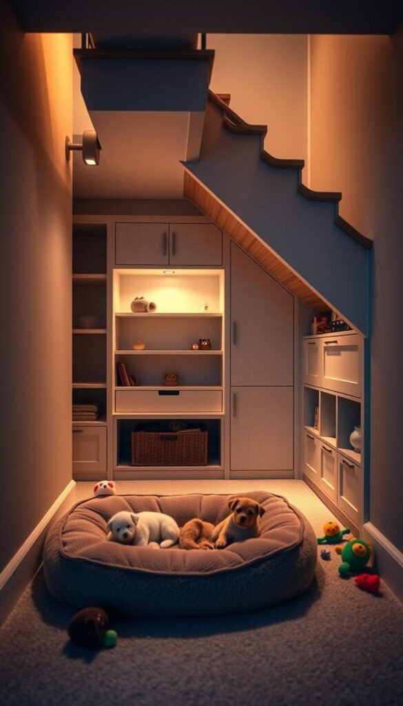 A cozy, pet-friendly under-stair hideaway, dimly lit by warm, soft lighting. In the foreground, a plush, cushioned bed with a variety of pet toys scattered around. Midground features built-in shelves and storage cubbies, tailored to accommodate a furry companion. The background showcases the staircase above, with clean, modern lines and a touch of natural wood accents. The space exudes a sense of comfort and security, creating a private retreat for a beloved household pet.