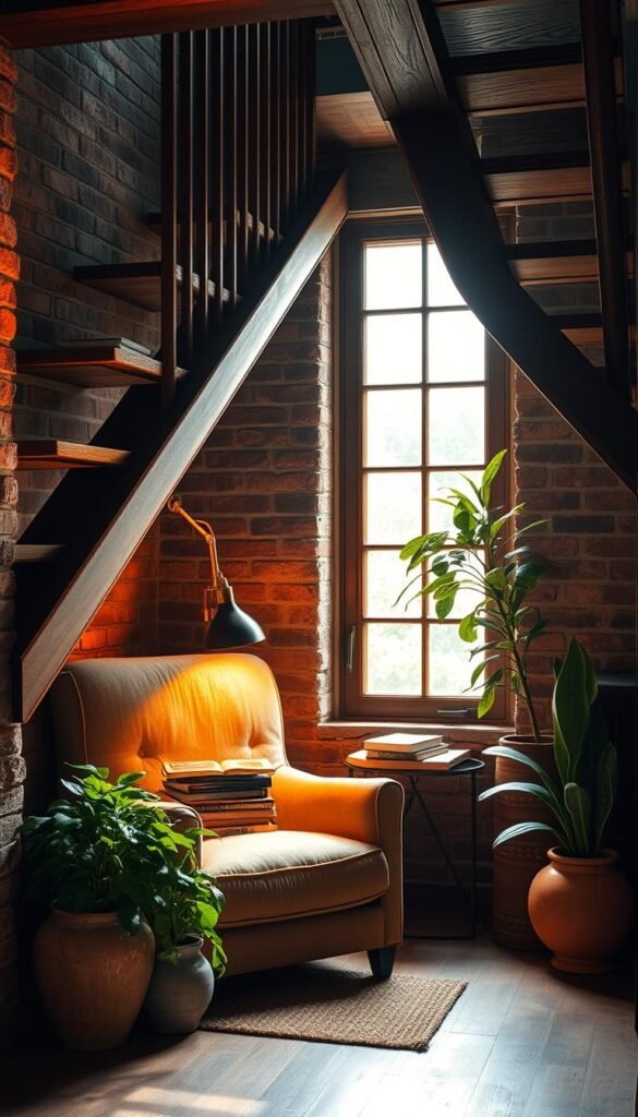 A cozy reading nook nestled beneath a wooden staircase, with a plush armchair and a side table holding a stack of well-worn books. Soft, warm lighting from a floor lamp casts a gentle glow, creating an inviting and intimate atmosphere. The nook is framed by textured brick walls, adding rustic charm, and a large window allows natural light to filter in, casting a dreamy, ethereal quality. Lush, verdant plants in ceramic pots add a touch of nature, complementing the earthy tones of the space. The overall scene exudes a sense of comfort, relaxation, and the joy of getting lost in the pages of a captivating book.