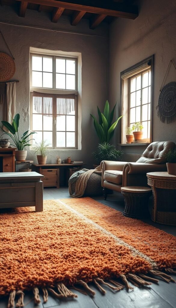 A cozy, rustic boho-style room bathed in warm, earthy tones. Diffused natural light streams through large windows, casting a soft glow over the space. In the foreground, a plush, textured area rug in shades of ochre, terracotta, and sage grounds the scene. Midground features vintage-inspired furniture pieces - a weathered wood coffee table, a tufted leather armchair, and a woven rattan side table. The background showcases a textured, neutral-toned accent wall, complemented by potted plants and natural fiber wall hangings that add depth and texture. An overall tranquil, grounded atmosphere that evokes a sense of global, organic comfort.