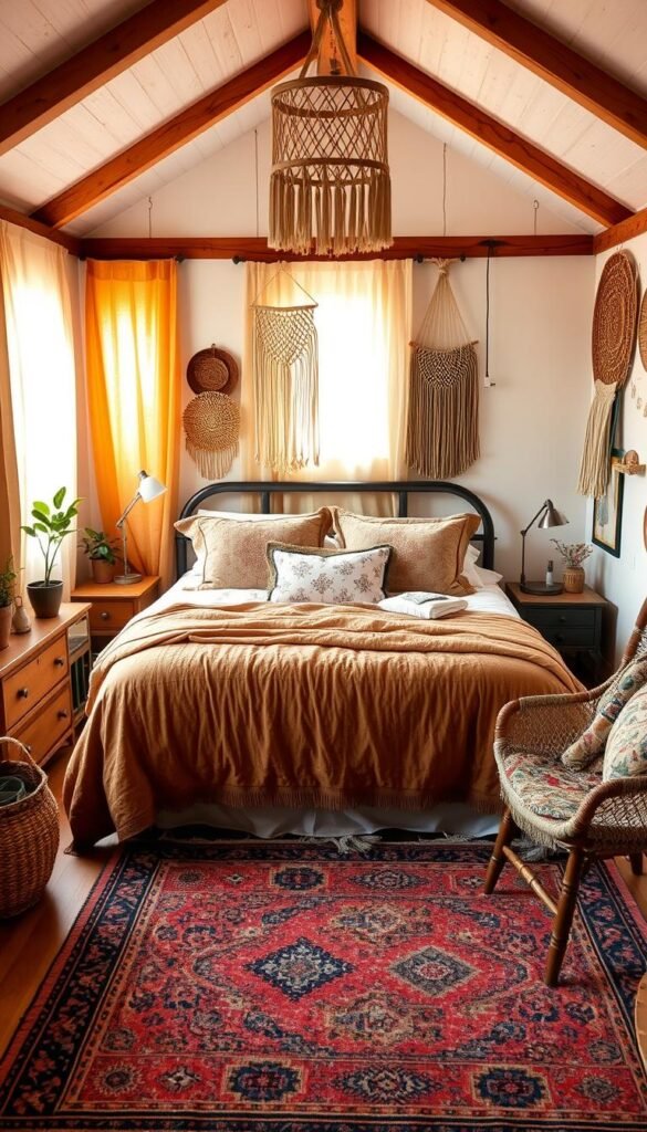 A cozy, small-space boho bedroom with a queen-sized bed dressed in rich, textured bedding in earthy tones and patterns. Warm, natural lighting filters through sheer, billowing curtains, casting a soft glow. Vintage-inspired nightstands flank the bed, adorned with potted plants and small decorative items. In the corner, a boho-chic armchair sits atop a colorful, patterned area rug. Wooden beams and whitewashed walls create a rustic, relaxing ambiance. Macrame wall hangings, woven baskets, and other boho accents add visual interest and a sense of coziness to the space.