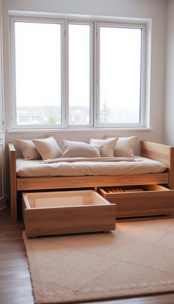 A cozy, space-saving daybed with built-in storage drawers, set against a serene, minimalist bedroom backdrop. Soft, warm lighting illuminates the smooth, wooden frame and plush, neutral-toned cushions, creating a tranquil, inviting atmosphere. The daybed's clever design maximizes limited floor space, with the hidden storage compartments providing practical organization. Facing a large window, the scene conveys a sense of calm, comfort, and thoughtful functionality - the perfect sleep solution for a compact, multifunctional living area.