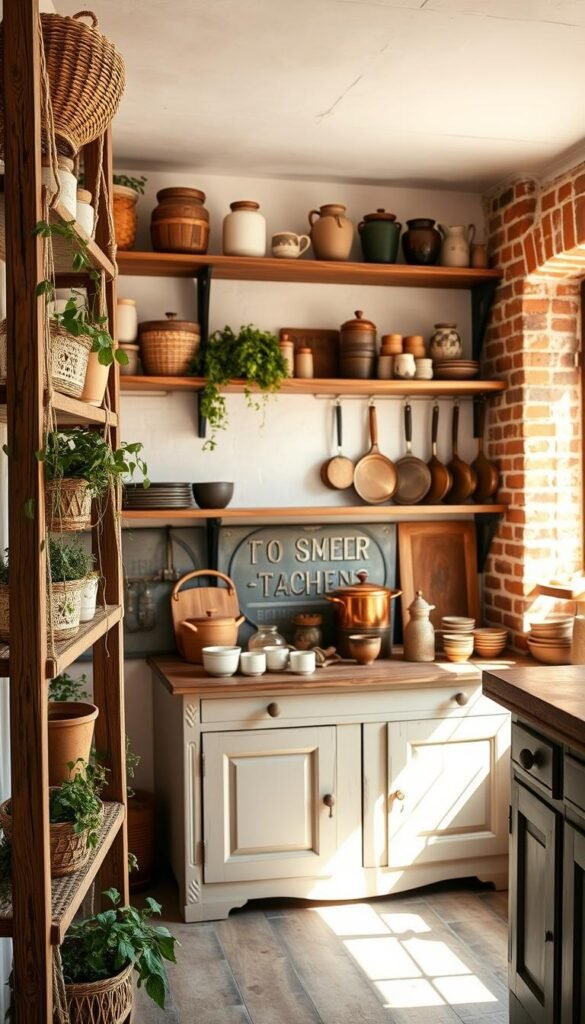 A cozy, sun-drenched boho kitchen with rustic open shelving displaying an eclectic mix of woven baskets, ceramic jars, and potted herbs. The foreground features a wooden ladder-style shelf unit, its rungs adorned with macrame plant hangers and trailing vines. In the middle ground, a vintage farmhouse-style sideboard holds an array of copper pots and pans, complemented by a collection of stoneware mugs and earthenware dishes. The background showcases a warm, textured wall with exposed brick and a large window that floods the space with natural light, casting a soft, golden glow. The overall atmosphere evokes a relaxed, inviting ambiance, perfect for a functional and stylish boho-inspired kitchen.