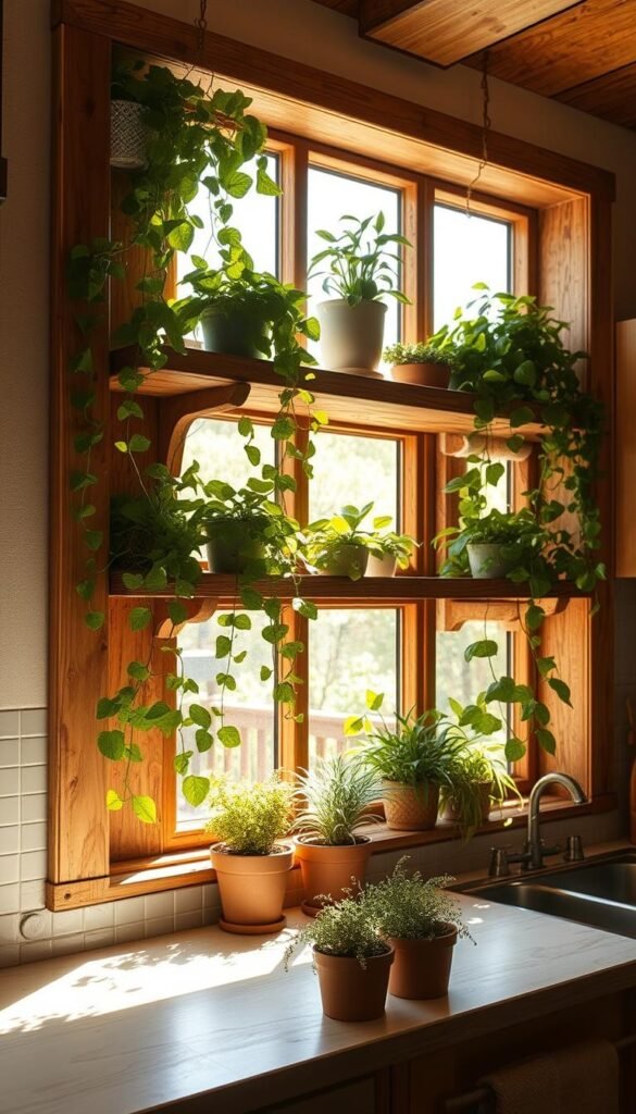 A cozy, sun-drenched kitchen with a large window showcasing a beautiful open shelving unit. The shelves are adorned with thriving plants, their lush greenery cascading down the wooden structure. The lighting is warm and natural, filtering in through the glass pane and casting a soft glow on the scene. The shelves themselves are made of a rustic, distressed wood, adding a charming, farmhouse-inspired aesthetic. In the foreground, a few potted succulents and herbs sit atop the windowsill, further enhancing the sense of natural, earthy vibrancy. The overall atmosphere is one of tranquility, lightness, and a harmonious blend of indoor and outdoor elements.