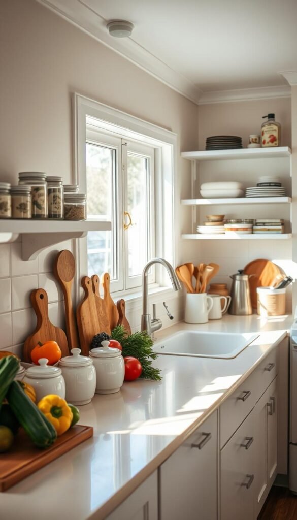 A cozy, sun-drenched kitchen with neatly organized surfaces. Gleaming white countertops showcase an artful arrangement of wooden cutting boards, ceramic canisters, and a vibrant array of fresh produce. Carefully curated utensils, spices, and cookbooks are placed within easy reach, creating a harmonious, functional flow. The room is bathed in warm, diffused lighting, casting a soft glow over the meticulously cleaned and decluttered space. The overall atmosphere is one of effortless efficiency and a sense of control, inviting the viewer to imagine a stress-free cooking experience in this serene, organized sanctuary.