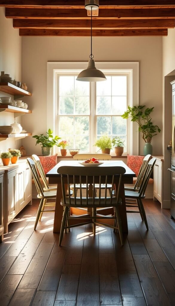 A cozy, sun-drenched modern farmhouse kitchen nook, featuring a rustic wood table surrounded by vintage-inspired chairs. The space is illuminated by warm, natural lighting pouring in through large windows, creating a inviting ambiance perfect for family meals. Shelves along the walls display a collection of ceramic dishware and potted plants, while a sleek pendant light fixture hangs overhead. The floor is covered in distressed wood planks, tying the entire scene together in a harmonious, farmhouse-chic aesthetic.