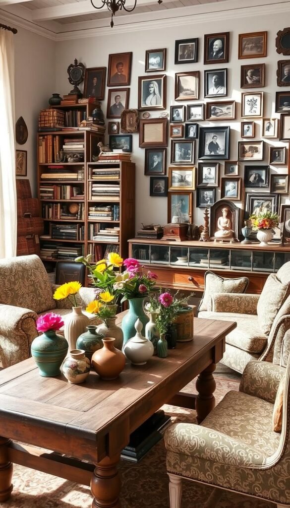 A cozy, sun-drenched room showcasing an eclectic array of vintage finds. In the foreground, a weathered wooden table displays a collection of mismatched ceramic vases, each holding a vibrant floral arrangement. Surrounding the table, plush armchairs upholstered in a faded paisley pattern invite relaxation. Across the room, a towering bookshelf houses a mix of vintage books, antique trinkets, and well-loved tchotchkes. Soft, natural light filters through sheer curtains, casting a warm glow on the space. In the background, a wall gallery displays a curated collection of antique frames, each housing a unique piece of artwork or a cherished family photograph. The overall atmosphere is one of comfort, character, and a celebration of the past.
