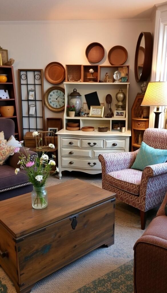 A cozy thrift store corner filled with an eclectic mix of repurposed treasures. In the foreground, a rustic wooden chest upcycled into a coffee table, its surface adorned with a playful vase of wildflowers. Beside it, a mid-century modern armchair reupholstered in a vibrant, patterned fabric. In the middle ground, a shabby chic dresser transformed into a unique media console, its drawers repurposed to display an array of eclectic decor items. The background features a warm, inviting lighting setup, casting a soft glow over the space and highlighting the varied textures and hues of the thrifted finds. The overall atmosphere is one of creativity, personality, and a touch of whimsy, capturing the essence of transforming thrift store gems into a personalized, cozy living space.