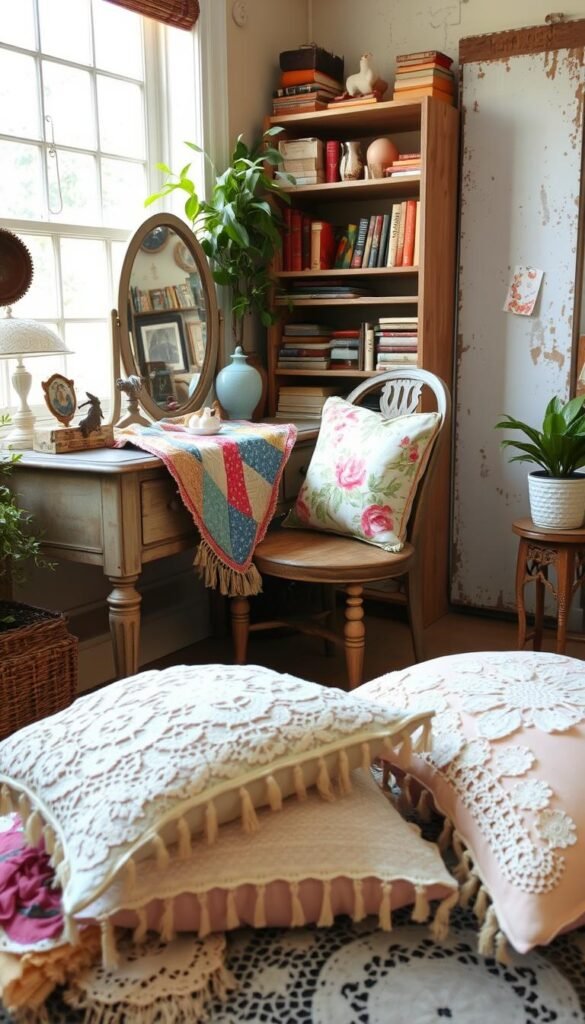 A cozy thrift store corner, soft natural lighting filtering through the windows. A vintage vanity table adorned with an array of mismatched trinkets and repurposed textiles - a colorful patchwork quilt draped over the surface, a floral cushion atop a weathered wooden chair. In the foreground, a collection of antique lace, embroidered doilies, and tasseled throw pillows await transformation. The background features a bookshelf filled with eclectic finds, complemented by a lush potted plant and a rustic, distressed wall. The atmosphere is warm, inviting, and brimming with creative potential, capturing the essence of transforming thrifted textiles into trendy home accents.