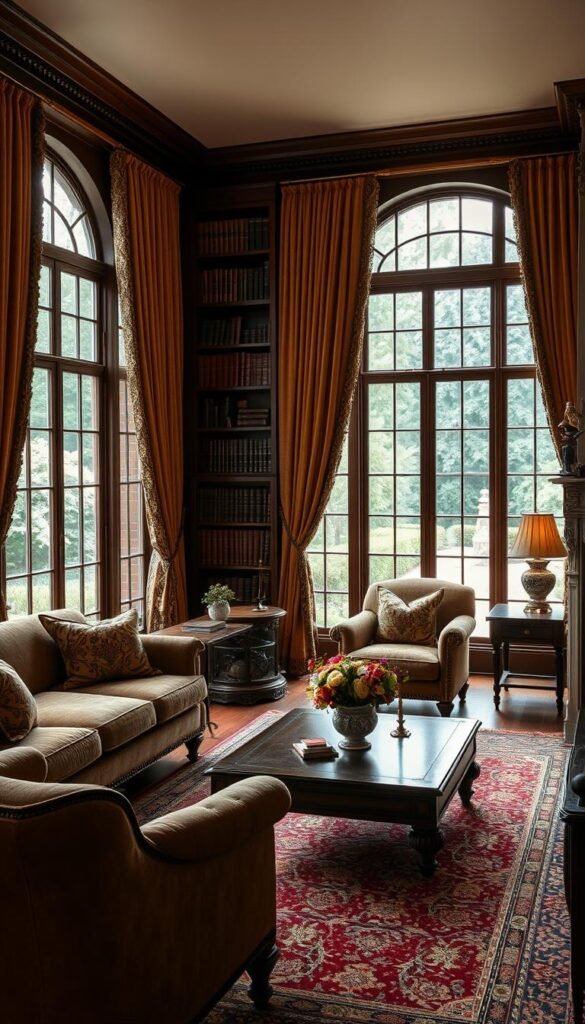 A cozy, timeless living room with a classic, sophisticated design. Warm, soft lighting illuminates rich, textured fabrics in earthy tones - plush velvet sofas, antique-inspired armchairs, and ornate curtains frame large windows overlooking a lush, manicured garden. Ornate, wooden bookshelves line the walls, filled with leather-bound volumes. An intricate, oriental rug grounds the space, complemented by a polished, wooden coffee table and matching end tables. Subtle, decorative accents like antique vases, fresh flowers, and a grand fireplace mantel evoke a sense of elegant, refined timelessness.