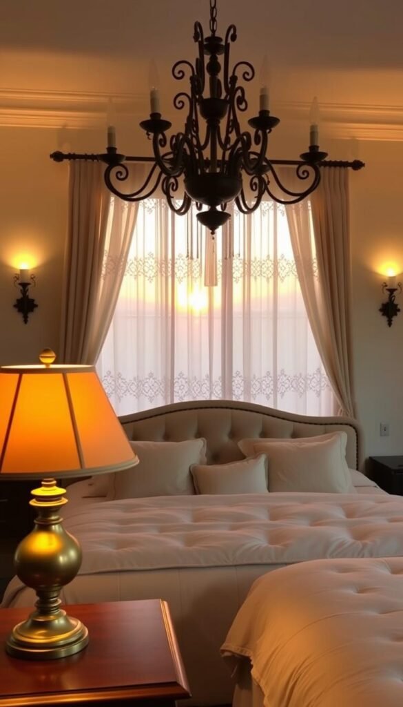 A cozy, traditional bedroom with a layered lighting setup. In the foreground, a pair of warm, antique brass table lamps flank a wooden nightstand, casting a soft, ambient glow. In the middle ground, a grand, ornate chandelier hangs above the plush, tufted bed, providing a focal point of elegance. Along the walls, subtle sconces emit a gentle, wall-washing illumination, creating depth and atmosphere. The background is shrouded in the soft, golden hues of a sunset, filtering through lace-trimmed curtains, completing the serene, inviting ambiance of the space.