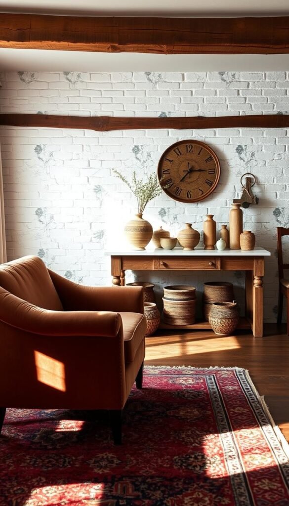 A cozy transitional interior featuring layered textures and materials. In the foreground, a plush velvet armchair sits atop a vintage Persian rug, casting warm, soft shadows. The middle ground showcases a rustic wooden console table adorned with ceramic vases and woven baskets, creating a harmonious blend of old and new. In the background, a whitewashed brick wall serves as a neutral backdrop, accentuating the varying tactile elements - the smooth marble of a tabletop, the rough-hewn wooden beams, and the delicate floral wallpaper. Soft, diffused lighting gently illuminates the scene, evoking a sense of timeless elegance and comfort.