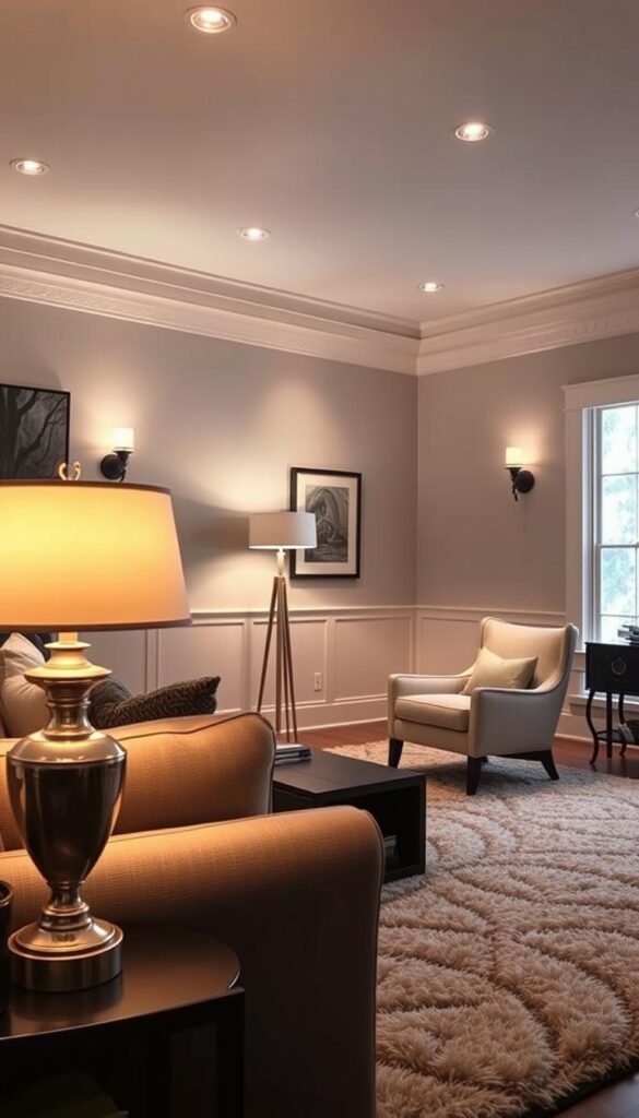 A cozy transitional living room, bathed in layers of soft, warm lighting. In the foreground, a pair of elegant table lamps cast a gentle glow, illuminating the rich textures of a plush area rug. Midground, a statement floor lamp casts a subtle cone of light, highlighting the graceful silhouette of a mid-century modern armchair. In the background, recessed ceiling lights create a subtle ambiance, complementing the tranquil palette of the room. Strategically placed sconces along the walls add depth and dimension, while the large window allows natural light to filter in, creating a harmonious balance between artificial and natural illumination. The overall effect is one of timeless sophistication and inviting comfort.