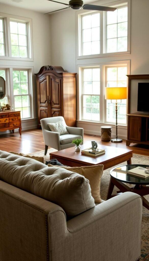 A cozy transitional living room with a blend of old and new furniture styles. In the foreground, a tufted velvet sofa and a mid-century modern armchair create a harmonious contrast. The middle ground features a rustic wooden coffee table and a sleek glass-topped side table. In the background, a vintage armoire stands beside a contemporary floor lamp, casting a warm, inviting glow. The room is illuminated by natural light filtering through large windows, creating a serene and balanced atmosphere. Soft textures, earthy tones, and a touch of metallic accents tie the disparate elements together, embodying the essence of transitional design.