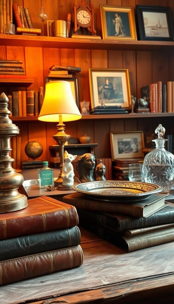 A cozy vignette of vintage books, collectibles, and timeless decor, bathed in warm, golden light. In the foreground, a stack of leather-bound books, their spines weathered and worn, resting on a worn wooden surface. Beside them, a brass antique lamp casts a soft, mellow glow. In the middle ground, an assortment of curios and trinkets, including a porcelain figurine, a tarnished silver tray, and a crystal decanter. The background is filled with the rich, earthy tones of reclaimed wood shelves, adorned with more books, knick-knacks, and the occasional framed artwork. The overall mood is one of refined elegance and nostalgic charm.