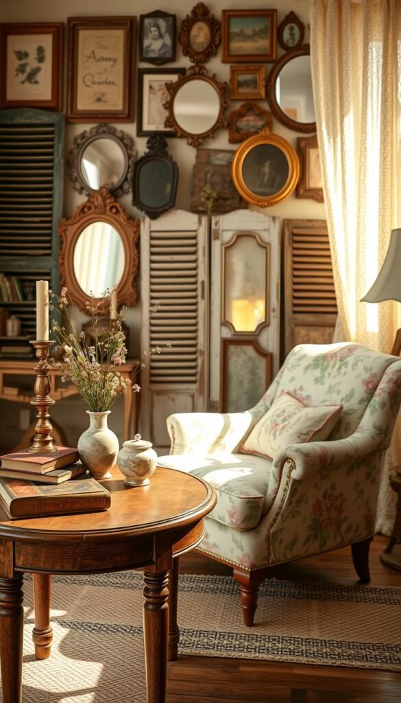A cozy vignette showcasing the timeless charm of vintage decor. In the foreground, a weathered wooden side table with turned legs holds a collection of antique books, a brass candlestick, and a delicate porcelain vase filled with freshly picked wildflowers. The middle ground features a distressed armchair upholstered in a soft floral pattern, inviting one to curl up and bask in the warm, golden light filtering through the lace curtains. In the background, a sprawling gallery wall displays an eclectic mix of vintage framed art, ornate mirrors, and weathered shutters, creating a sense of layered history and character. The overall scene exudes a sense of refined elegance and nostalgic ambiance, perfectly capturing the essence of timeless vintage charm.