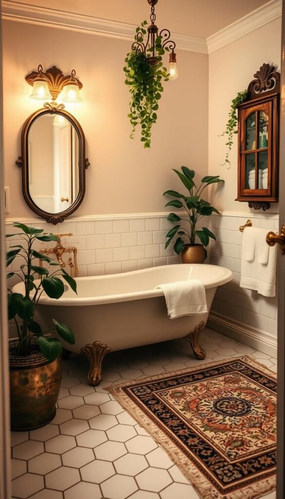 A cozy, vintage bathroom retreat with a clawfoot tub, ornate brass fixtures, and hexagonal tile flooring. Soft, warm lighting casts a gentle glow, illuminating antique vanity mirrors and a wall-mounted medicine cabinet. Lush, leafy plants add a touch of nature, while plush towels and a vintage-inspired rug create a welcoming, spa-like ambiance. The space evokes a timeless elegance, transporting the viewer to a bygone era of refined, classic charm.