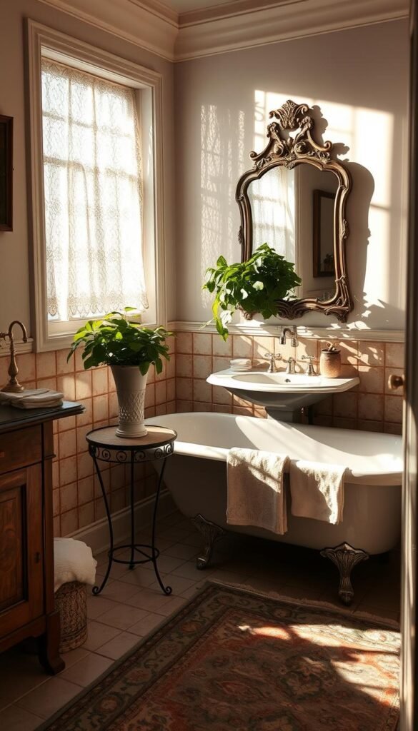 A cozy vintage bathroom with a clawfoot tub, ornate mirror, and antique brass fixtures. Soft, warm lighting casts a gentle glow, highlighting the character of the aged ceramic tiles and weathered wood vanity. Lush greenery in a wrought-iron plant stand adds a touch of nature, while a faded Persian rug and plush towels complete the inviting, timeless ambiance. Sunlight filters through a lace-curtained window, casting dynamic shadows that add depth and texture to the scene. The overall impression is one of charming, nostalgic elegance - a serene oasis of vintage charm. A cozy vintage bathroom with a clawfoot tub, ornate mirror, and antique brass fixtures. Soft, warm lighting casts a gentle glow, highlighting the character of the aged ceramic tiles and weathered wood vanity. Lush greenery in a wrought-iron plant stand adds a touch of nature, while a faded Persian rug and plush towels complete the inviting, timeless ambiance. Sunlight filters through a lace-curtained window, casting dynamic shadows that add depth and texture to the scene. The overall impression is one of charming, nostalgic elegance - a serene oasis of vintage charm.