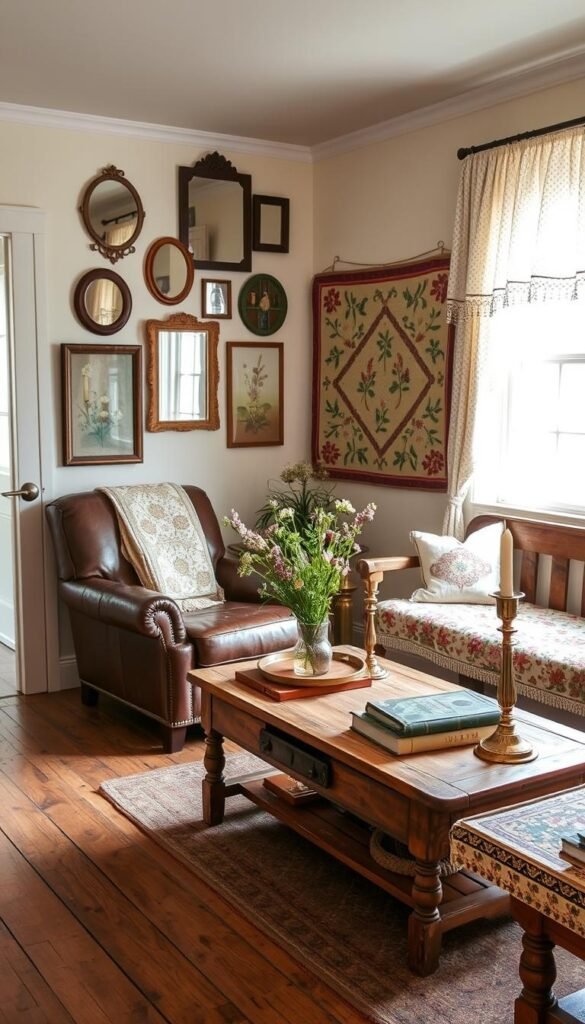 A cozy vintage farmhouse living room, bathed in soft natural light filtering through lace curtains. Weathered wood floors, a worn leather armchair, and a farmhouse-style coffee table adorned with antique books, brass candlesticks, and a vase of fresh wildflowers. The walls showcase a gallery of vintage mirrors, botanical prints, and a worn quilt hanging as a tapestry. A rustic wooden bench by the window provides seating, its cushions adorned with floral patterns. The room exudes a sense of timeless charm and a lived-in, comforting atmosphere.