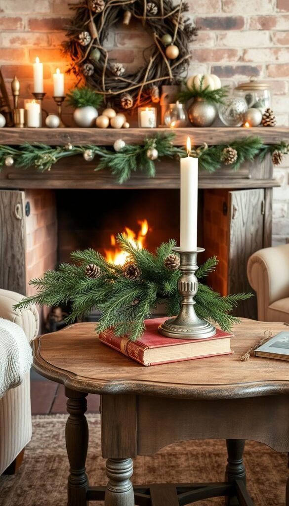 A cozy vintage-inspired living room with a rustic fireplace mantel adorned with seasonal décor. Soft, warm lighting casts a gentle glow on an assortment of antique ornaments, pinecones, and delicate glass baubles. In the middle ground, a weathered wooden side table displays a bundle of fresh evergreen branches, a tarnished silver candlestick, and a well-worn leather-bound book. The background reveals a weathered brick wall, adding depth and texture to the scene. The overall atmosphere is one of timeless elegance and nostalgic charm, perfectly capturing the essence of seasonal decorating with vintage finds.
