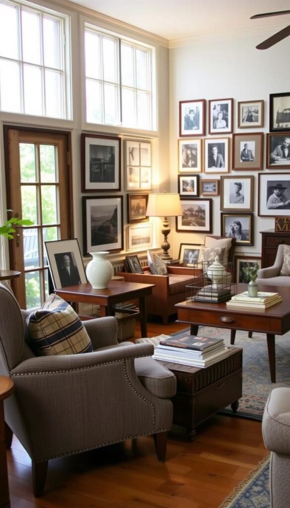 A cozy vintage living room filled with budget-friendly decor pieces. In the foreground, an old-fashioned armchair with a plaid fabric cushion sits next to a wooden side table holding a simple ceramic vase. Across the room, a mid-century inspired coffee table displays a stack of vintage books and a brass table lamp casts a warm glow. The walls are adorned with framed black and white photographs in mismatched frames, creating an eclectic, lived-in aesthetic. Soft natural lighting filters in through large windows, illuminating the room's rustic, yet refined ambiance.