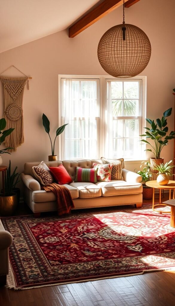 A cozy, well-appointed bohemian-style living room bathed in warm, natural lighting. The space features a plush, tufted sofa adorned with colorful, patterned throw pillows, and an ornate, hand-woven area rug that anchors the room. Eclectic decor elements, such as a macrame wall hanging, potted plants, and a wooden side table with brass accents, add layers of texture and visual interest. Soft, diffused illumination emanates from a large, globe-shaped pendant light suspended from the ceiling. The overall atmosphere is one of relaxed sophistication, inviting the viewer to sink into the space and bask in its serene, bohemian charm.