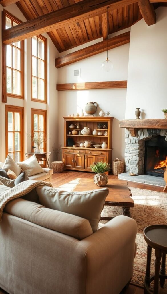 A cozy, well-appointed country-style interior with warm neutral tones and natural wood accents. In the foreground, a spacious living room features a plush, overstuffed sofa draped with a soft, woven throw. A large, rustic wooden coffee table sits atop a lush, patterned area rug. Framing the scene, tall windows allow natural light to flood the space, casting a gentle glow. In the middle ground, a wooden hutch or armoire displays decorative pottery and antique trinkets. The background showcases exposed wooden beams, whitewashed walls, and a stone fireplace with a crackling fire. Overall, the atmosphere is inviting, comfortable, and infused with a sense of timeless, country-inspired elegance.