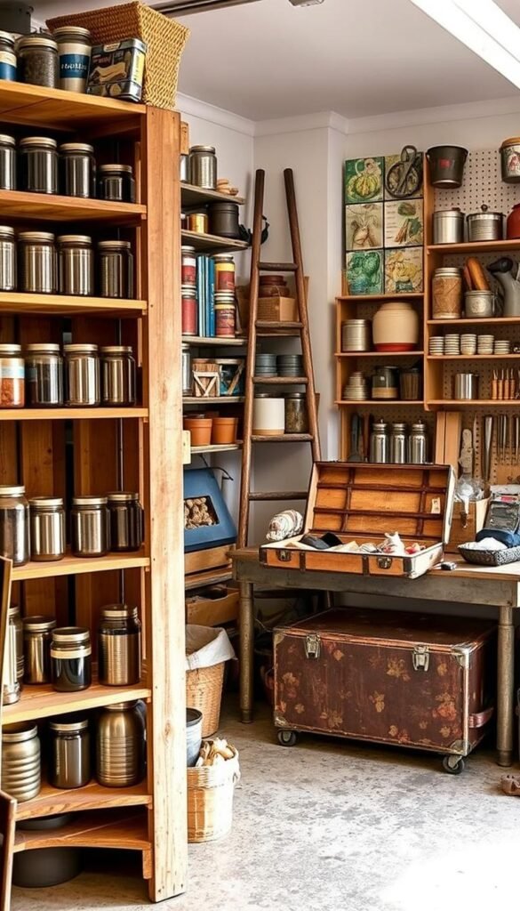 A cozy, well-lit DIY workshop overflowing with repurposed storage solutions. In the foreground, a rustic wooden shelving unit built from upcycled pallets, holding an array of neatly organized jars, baskets, and tin cans. In the middle ground, a workbench adorned with a vintage suitcase turned into a storage trunk, its lid open to reveal an assortment of found objects and tools. The background features a vibrant gallery wall showcasing creative wall-mounted storage, such as a ladder-turned-shelves and a pegboard displaying repurposed containers. Soft, warm lighting casts a welcoming glow, highlighting the textures and colors of the repurposed materials. The overall atmosphere exudes a sense of resourcefulness, sustainability, and a touch of rustic charm.