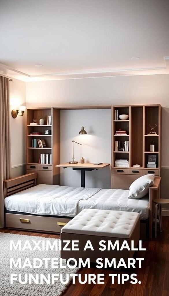 A cozy, well-lit bedroom with a multifunctional furniture arrangement. In the foreground, a sleek, modular daybed with storage compartments and a pull-out trundle. Behind it, a wall-mounted shelving unit with nooks for books, decor, and hidden compartments. In the middle, a compact, height-adjustable standing desk that can double as a vanity. Soft, diffused lighting emanates from sconces and a central pendant fixture, creating a serene, productivity-enhancing atmosphere. The composition emphasizes clean lines, neutral tones, and efficient use of limited space, reflecting the theme of "Maximize a Small Master Bedroom with Smart Furniture Tips".
