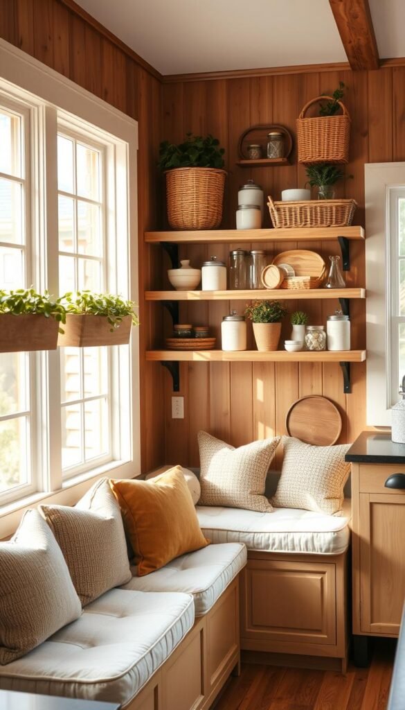 A cozy, well-lit breakfast nook in a modern farmhouse kitchen. The nook features a built-in bench with plush cushions, surrounded by rustic wood paneling and shelves displaying an array of woven baskets, mason jars, and potted plants. Warm, natural lighting streams through large windows, casting a soft, inviting glow. The shelves are carefully curated with a mix of functional and decorative storage solutions, including vintage-inspired canisters, wooden trays, and wicker baskets. The overall atmosphere is one of rustic charm and effortless organization, perfectly suited for a family's morning gathering.