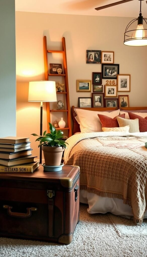 A cozy, well-lit guest bedroom showcases a repurposed home decor arrangement. In the foreground, a vintage suitcase serves as a nightstand, adorned with a potted plant and a stack of weathered books. In the middle ground, a wooden ladder leans against the wall, its steps displaying an array of framed family photos and decorative trinkets. The background features a plush, inviting bed with a handmade quilt and a mix of pillows in earthy tones. Soft lighting from a floor lamp and pendant fixture creates a warm, inviting atmosphere, highlighting the harmonious blend of repurposed and reused items.
