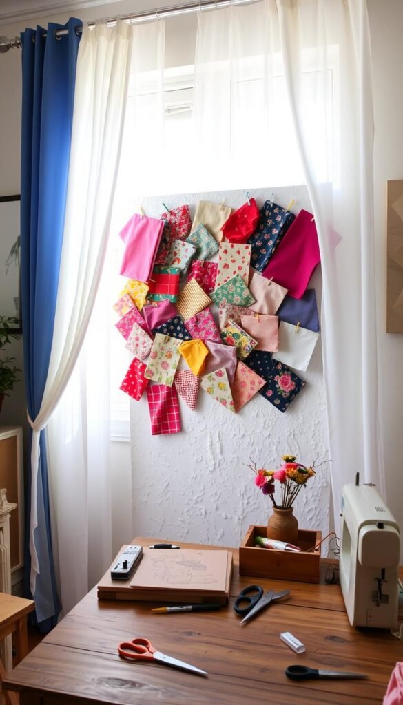 A cozy, well-lit home studio filled with natural light filtering through sheer curtains. At the center, a collage of vibrant fabric swatches in various shapes and textures - abstract patterns, floral prints, and solid-colored textiles - artfully arranged on a textured white wall. The fabrics are pinned or attached with small clips, creating a visually striking DIY wall art piece. Nearby, a sewing machine, scissors, and other basic craft supplies sit on a rustic wooden table, hinting at the simple, no-sew techniques used to create this chic, personalized home decor.