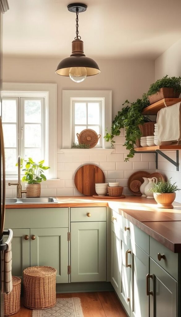 A cozy, well-lit kitchen with a muted color palette. Soft sage green cabinetry, paired with white subway tile backsplash and a butcher block countertop. Gentle natural light streams in through mullioned windows, casting a warm glow. Antique brass hardware and a vintage-inspired pendant light add subtle metallic accents. Woven baskets, ceramic dishware, and lush potted plants bring organic textures. The overall atmosphere is inviting and serene, exuding a charming, rustic-chic ambiance.