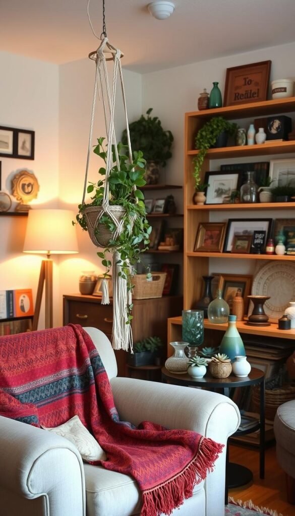 A cozy, well-lit living room adorned with an array of eco-friendly, thrifted home accents. In the foreground, a plush, secondhand armchair is draped with a vibrant, upcycled textile throw. A handcrafted, macrame plant hanger dangles from the ceiling, holding a lush, trailing houseplant. On the middle-ground side table, a collection of vintage glass vases and ceramic trinkets intermingle with potted succulents. In the background, bookshelves are lined with an assortment of secondhand decorative items, from reclaimed wood frames to woven baskets. Warm, diffused lighting from a floor lamp casts a gentle glow, highlighting the room's sustainable, one-of-a-kind charm.